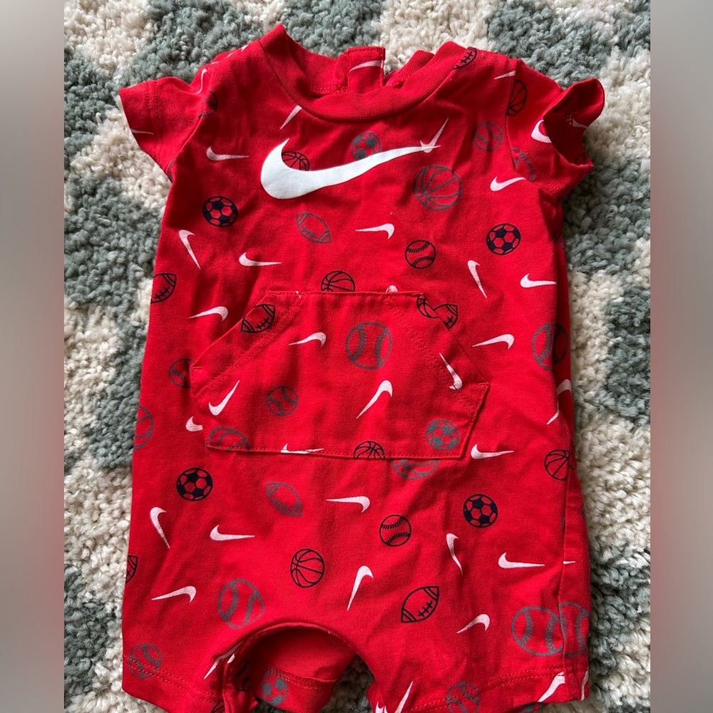 Red Nike, short sleeve baby romper, one piece sports balls
